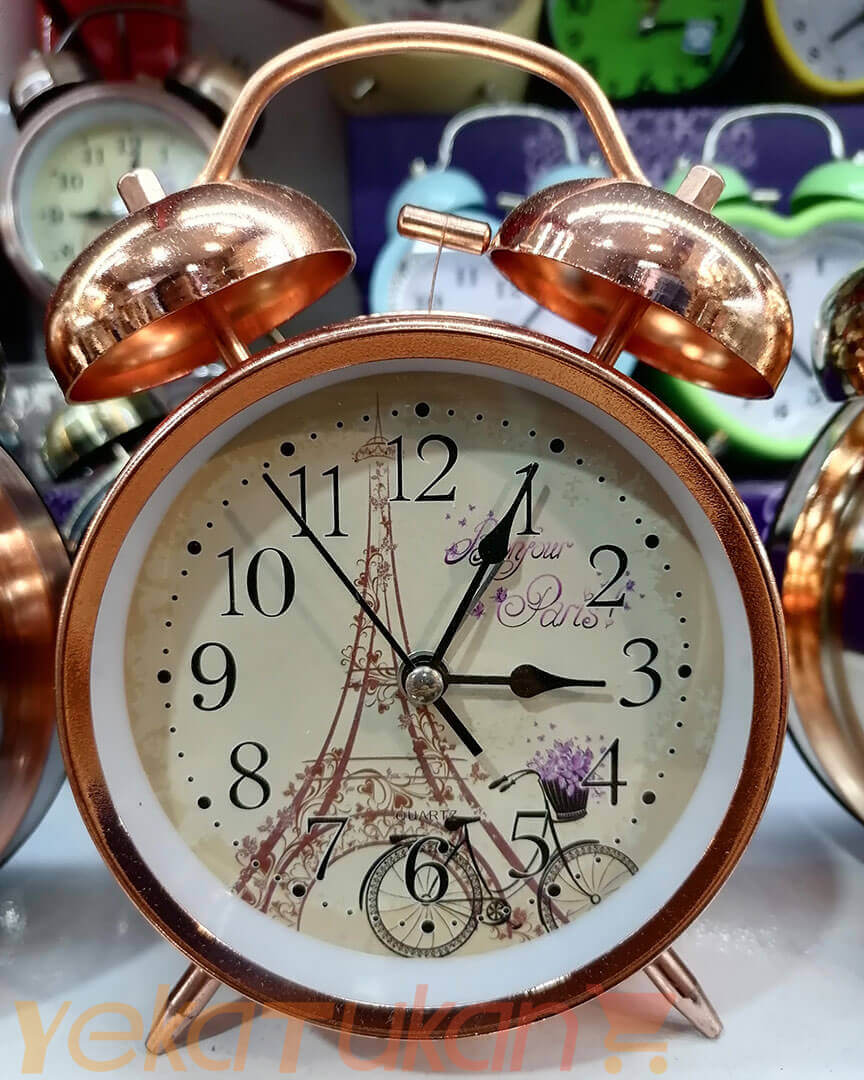 ساعت رومیزی زنگ دار آنتیک مدل گرد چراغ دار با زنگ فلزی